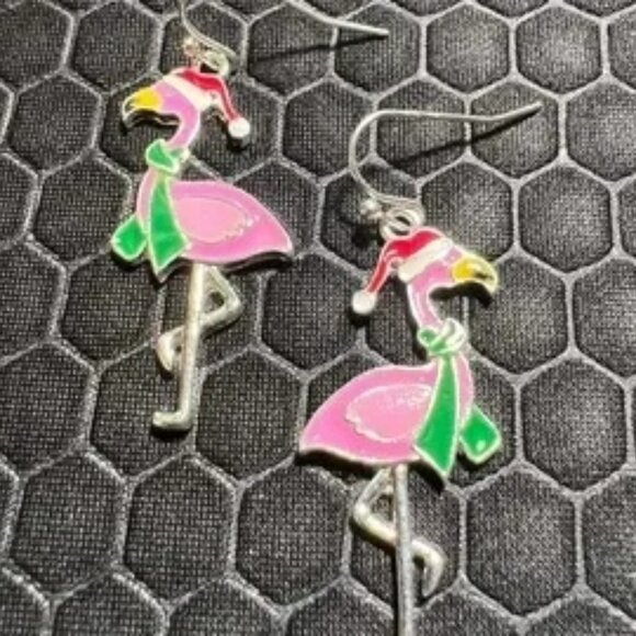 Flamingo 2 Earrings for Christmas 18K White Gold Plated - Picture 1 of 1